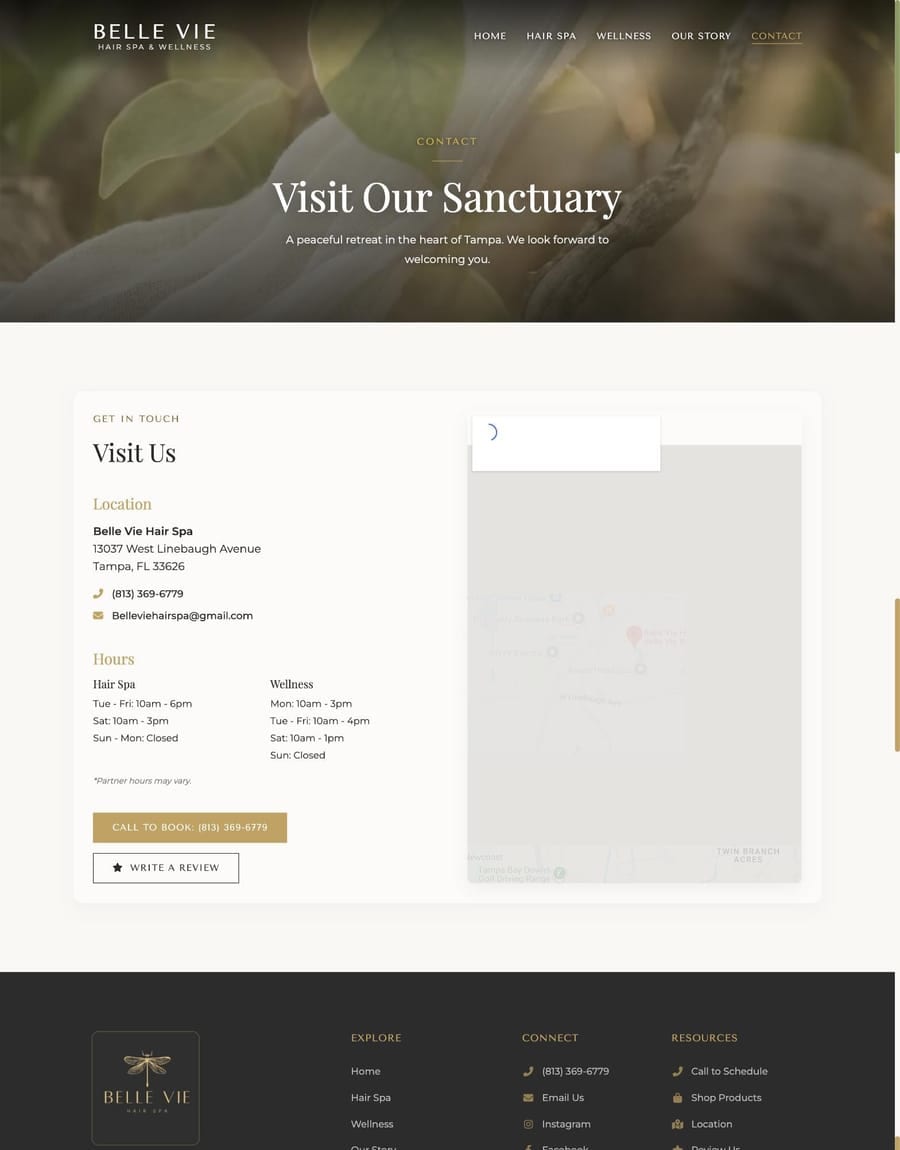The new Contact page with location, hours, and map