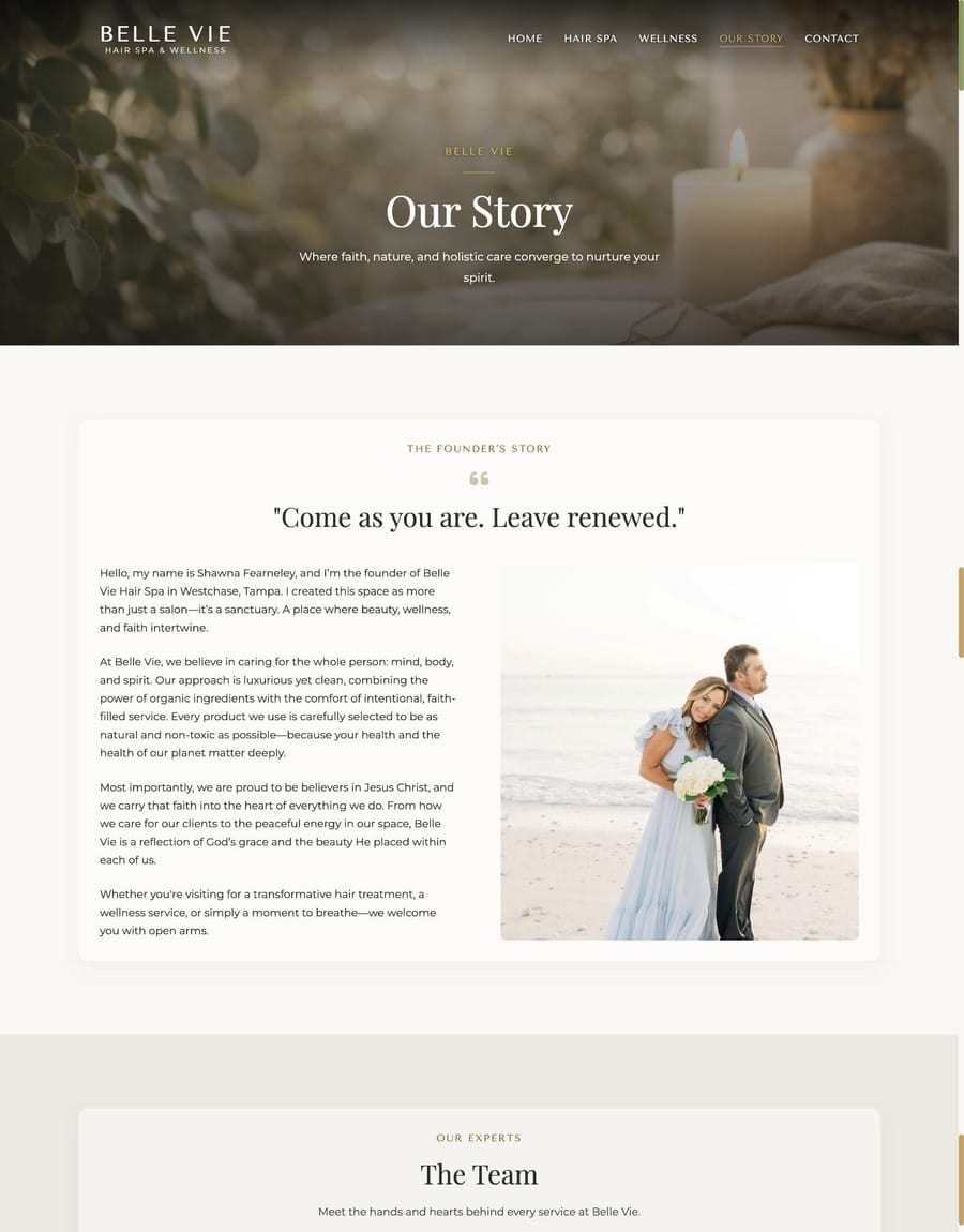 The new Our Story page with the founder story and team