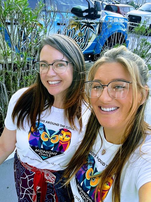 Mari and Sami in Midnight Owls shirts
